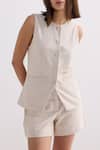 Shop_Reistor_Cream Cotton Round Neck Tweed Vest And Shorts Set 