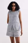 Reistor_Gray Cotton Round Neck Plaid Tweed Vest And Skorts Set _at_Aza_Fashions