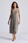 Reistor_Gray Hemp, Cotton V-neck Sleeveless Dress _at_Aza_Fashions