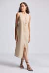 Reistor_Beige Cotton V-neck Sleeveless Button-front Dress _Online_at_Aza_Fashions