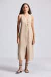 Buy_Reistor_Beige Cotton V-neck Sleeveless Button-front Dress _at_Aza_Fashions