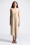 Shop_Reistor_Beige Cotton V-neck Sleeveless Button-front Dress _at_Aza_Fashions