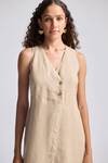 Shop_Reistor_Beige Cotton V-neck Sleeveless Button-front Dress _Online_at_Aza_Fashions