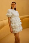 Therealb_Green Jacquard, Organza Ruffles Round Neck And Top & Skirt Set _Online_at_Aza_Fashions