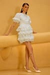Therealb_Green Jacquard, Organza Ruffles Round Neck And Top & Skirt Set _at_Aza_Fashions