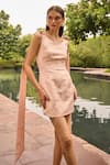 Shop_Therealb_Peach Jacquard Round Neck Mini Dress With Shoulder Ties _Online_at_Aza_Fashions