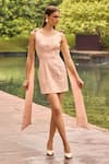 Therealb_Peach Jacquard Round Neck Mini Dress With Shoulder Ties _at_Aza_Fashions