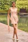 Buy_Therealb_Peach Jacquard Round Neck Mini Dress With Shoulder Ties _at_Aza_Fashions