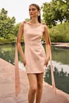 Buy_Therealb_Peach Jacquard Round Neck Mini Dress With Shoulder Ties 