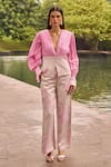 Buy_Therealb_Pink Jacquard Embroidery V-neck Pleated Top And Trouser Set _at_Aza_Fashions