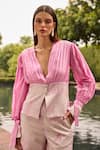 Therealb_Pink Jacquard Embroidery V-neck Pleated Top And Trouser Set _Online_at_Aza_Fashions