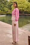 Buy_Therealb_Pink Jacquard Embroidery V-neck Pleated Top And Trouser Set _Online_at_Aza_Fashions