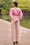 Shop_Therealb_Pink Jacquard Embroidery V-neck Pleated Top And Trouser Set _at_Aza_Fashions
