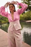Shop_Therealb_Pink Jacquard Embroidery V-neck Pleated Top And Trouser Set _Online_at_Aza_Fashions