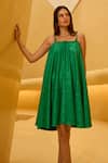 Therealb_Green Jacquard Square Neck Patterned Strap Dress _Online_at_Aza_Fashions