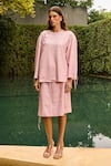 Shop_Therealb_Pink Jacquard Round Neck Pattern Top And Skirt Set 