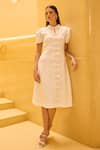 Buy_Therealb_White Jacquard Bows, Embroidery Collared, Keyhole Neck Floral Detail Dress _at_Aza_Fashions