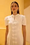 Therealb_White Jacquard Bows, Embroidery Collared, Keyhole Neck Floral Detail Dress _Online_at_Aza_Fashions