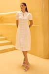 Therealb_White Jacquard Bows, Embroidery Collared, Keyhole Neck Floral Detail Dress _at_Aza_Fashions