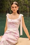 Therealb_Pink Jacquard Scoop Neck Floral Midi Dress With Tie-up Straps _Online_at_Aza_Fashions