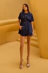 Buy_Therealb_Navy Jacquard Split V-neck Gathered Top And Shorts Set _at_Aza_Fashions