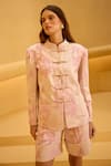 Shop_Therealb_Pink Jacquard Mandarin Collar Top And Shorts Set _Online_at_Aza_Fashions