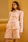 Therealb_Pink Jacquard Mandarin Collar Top And Shorts Set _at_Aza_Fashions