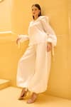Buy_Therealb_White Taffeta Embroidery V-neck Sailor Collar Top And Bubble Pant Set _at_Aza_Fashions