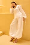 Buy_Therealb_White Taffeta Embroidery V-neck Sailor Collar Top And Bubble Pant Set 
