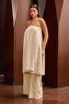 Therealb_Beige Jacquard Embroidery Bandeau Neck Strapless Long Top And Pant Set _Online_at_Aza_Fashions