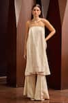 Buy_Therealb_Beige Jacquard Embroidery Bandeau Neck Strapless Long Top And Pant Set _at_Aza_Fashions