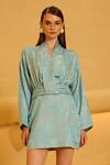 Shop_Therealb_Blue Jacquard V-neck Kimono Style Mini Dress _at_Aza_Fashions