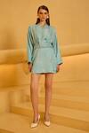 Buy_Therealb_Blue Jacquard V-neck Kimono Style Mini Dress _at_Aza_Fashions