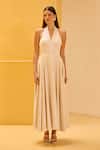 Buy_Therealb_Ivory Jacquard Halter Neck Flared Dress _at_Aza_Fashions