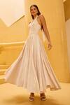 Buy_Therealb_Ivory Jacquard Halter Neck Flared Dress _Online_at_Aza_Fashions