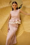 Buy_Therealb_Pink Jacquard Round Neck Ruched Peplum Top And Skirt Set _Online_at_Aza_Fashions