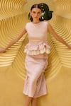 Shop_Therealb_Pink Jacquard Round Neck Ruched Peplum Top And Skirt Set _Online_at_Aza_Fashions