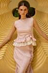 Therealb_Pink Jacquard Round Neck Ruched Peplum Top And Skirt Set _at_Aza_Fashions