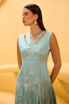 Therealb_Aqua Jacquard V-neck V Asymmetric Dress _Online_at_Aza_Fashions