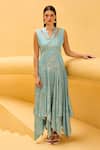 Buy_Therealb_Aqua Jacquard V-neck V Asymmetric Dress _at_Aza_Fashions