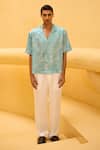 Shop_Therealb_Aqua Jacquard Printed Resort Collar Shirt _Online_at_Aza_Fashions