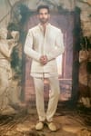Buy_Varun Chakkilam_Ivory Organza Embroidery Tessele Bandgala Kurta And Pant Set _at_Aza_Fashions