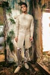 Buy_Varun Chakkilam_Gold Twill, Organza, Satin, Lycra Embroidery, Regal Prism Sherwani And Pant _at_Aza_Fashions