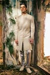 Shop_Varun Chakkilam_Gold Twill, Organza, Satin, Lycra Embroidery, Regal Prism Sherwani And Pant _at_Aza_Fashions