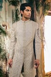 Varun Chakkilam_Gold Twill, Organza, Satin, Lycra Embroidery, Regal Prism Sherwani And Pant _Online_at_Aza_Fashions