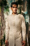 Buy_Varun Chakkilam_Gold Twill, Organza, Satin, Lycra Embroidery, Regal Prism Sherwani And Pant _Online_at_Aza_Fashions