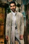 Varun Chakkilam_Gold Satin, Organza Embroidery, Zari Sovereign Open Jacket, Shirt And Pant Set _Online_at_Aza_Fashions