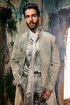 Buy_Varun Chakkilam_Gold Satin, Organza Embroidery, Zari Sovereign Open Jacket, Shirt And Pant Set _Online_at_Aza_Fashions