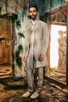 Buy_Varun Chakkilam_Gold Satin, Organza Embroidery, Zari Sovereign Open Jacket, Shirt And Pant Set _at_Aza_Fashions