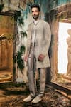 Shop_Varun Chakkilam_Gold Satin, Organza Embroidery, Zari Sovereign Open Jacket, Shirt And Pant Set _at_Aza_Fashions
